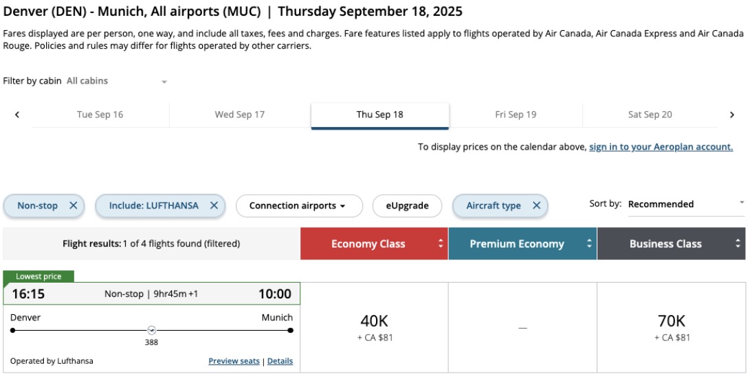 Air Canada airfare screenshot using Aeroplan points for flights from DEN to MUC